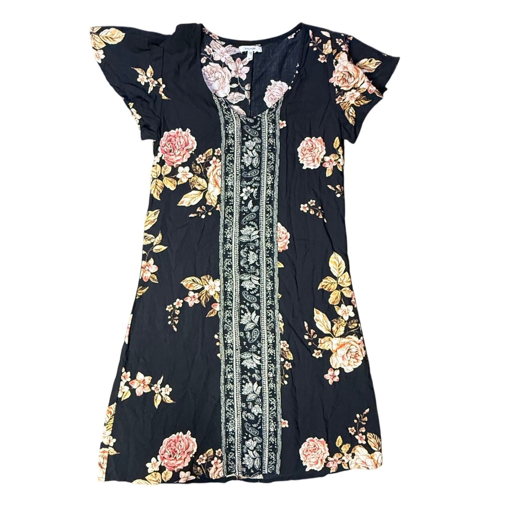 Maurice's XS Black Floral Print Short Sleeve Casual Mini Dress